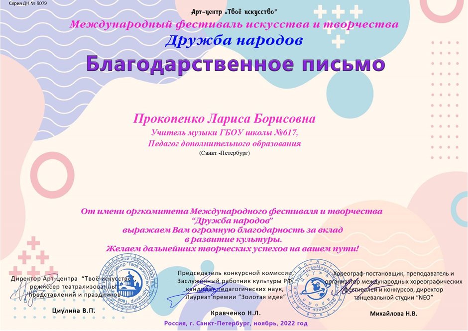 2022-2023 Прокопенко Л.Б. (Благодарственное письмо Дружба народов)